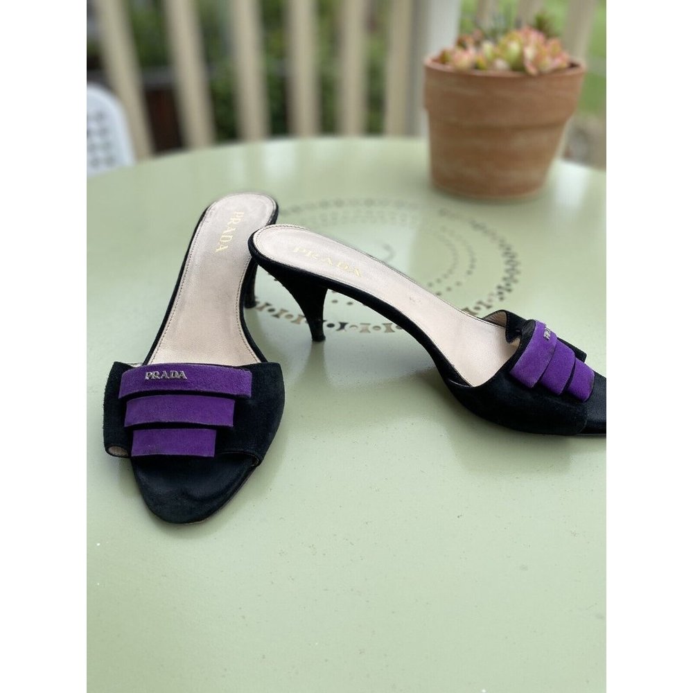 Prada Womens Heels Black Purple Suede Leather Kitten Heels Italy 37.5